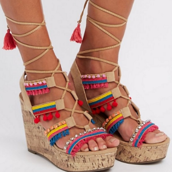 Charlotte Russe Shoes - NWT Charlotte Russe Pom Pom Embellished Wedges